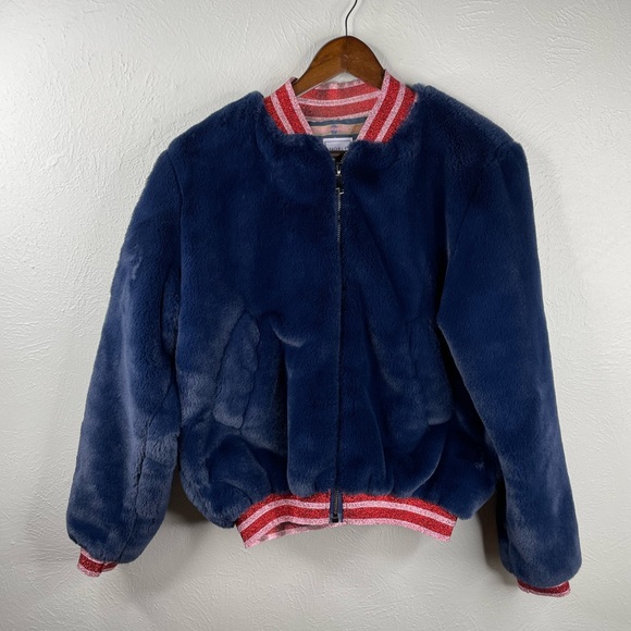 Noble 31 Faux Fur Navy Blue Bomber Sparkle Trim Pink Res Jacket Eras Outfit XS - Picture 2 of 9